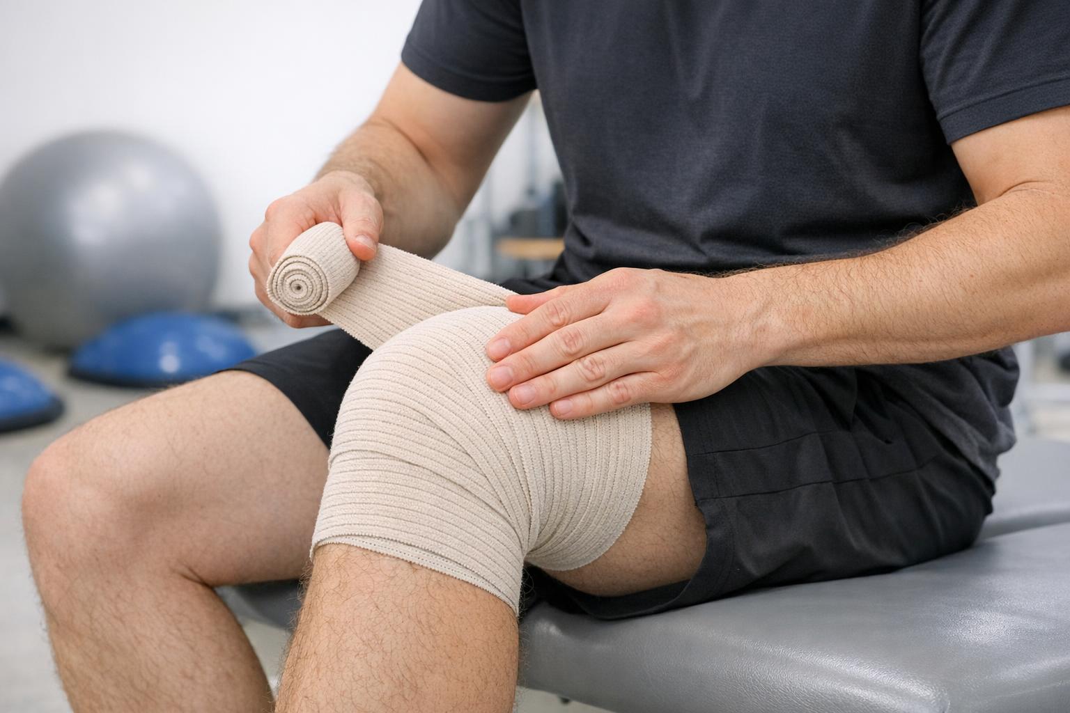 Ujęcie osoby zakładającej elastyczny bandaż na kolano podczas rehabilitacji