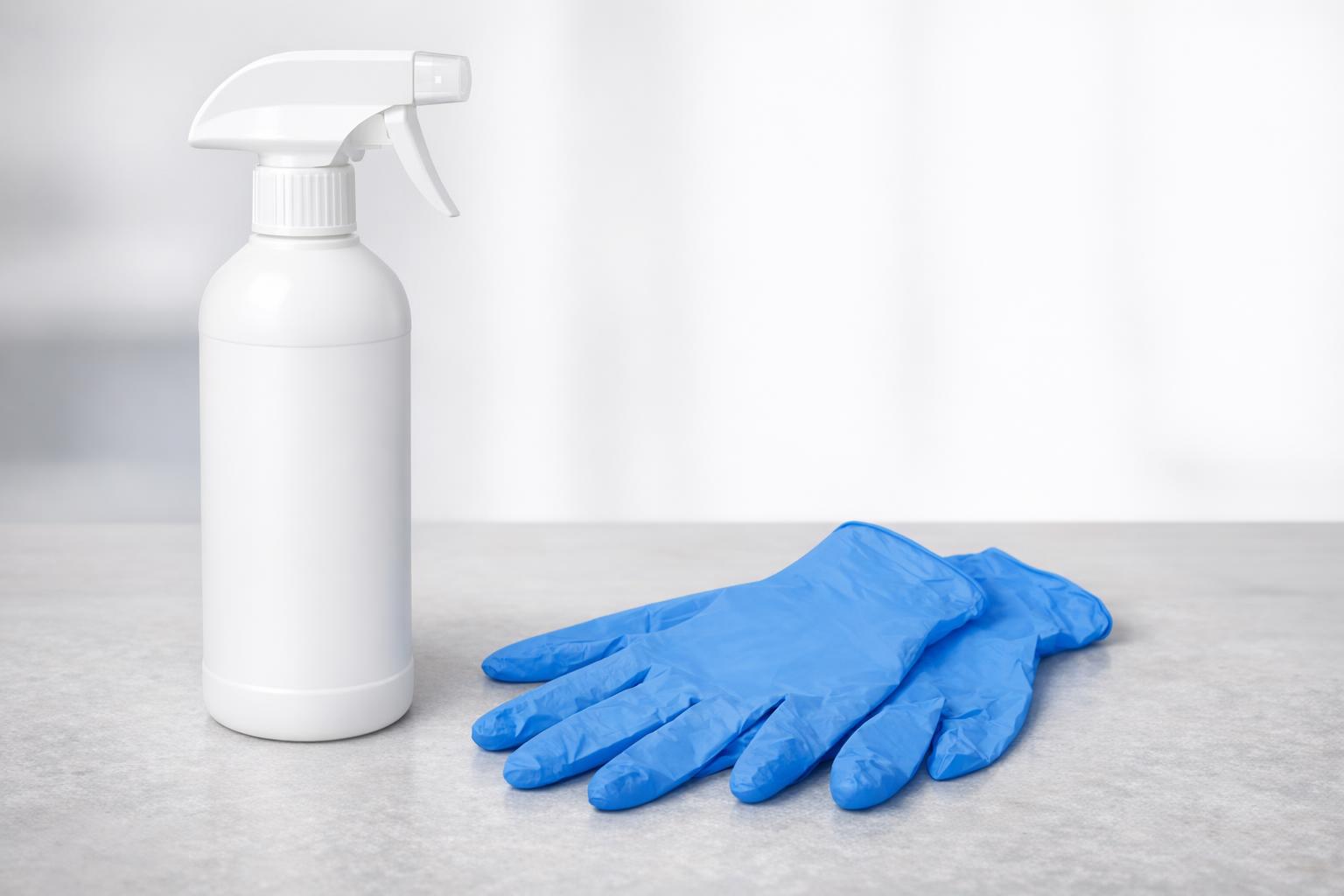 spray do szybkiej dezynfekcji i rękawice ochronne
